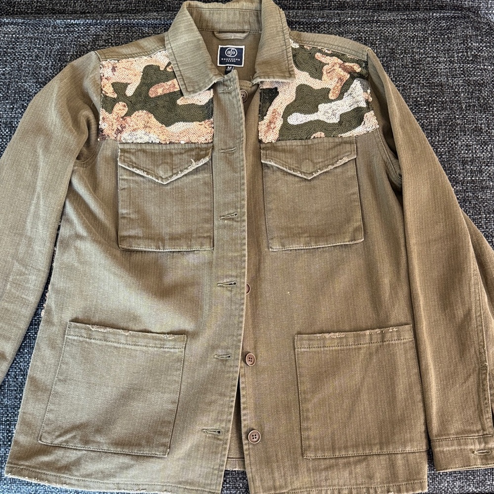 Olive Green Utility Jacket with Camo Sequin Shoulders and back